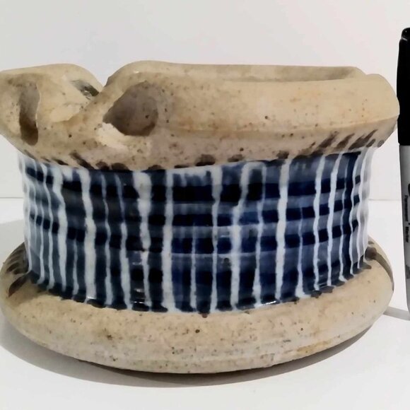 Potter Dish Ashtray Blue White Checkered Stripe Unqiqe Vintage - Picture 2 of 6